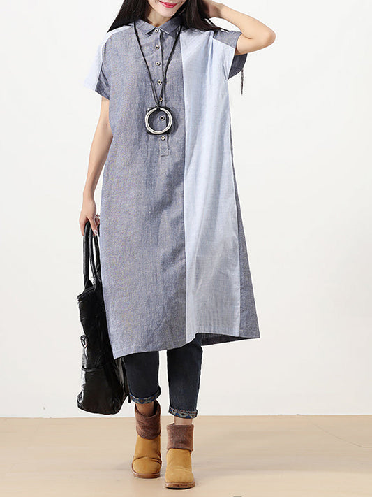 Sommerkleid aus Baumwolle und Leinen mit Polokragen und Farbblockdesign für Damen in Übergröße
