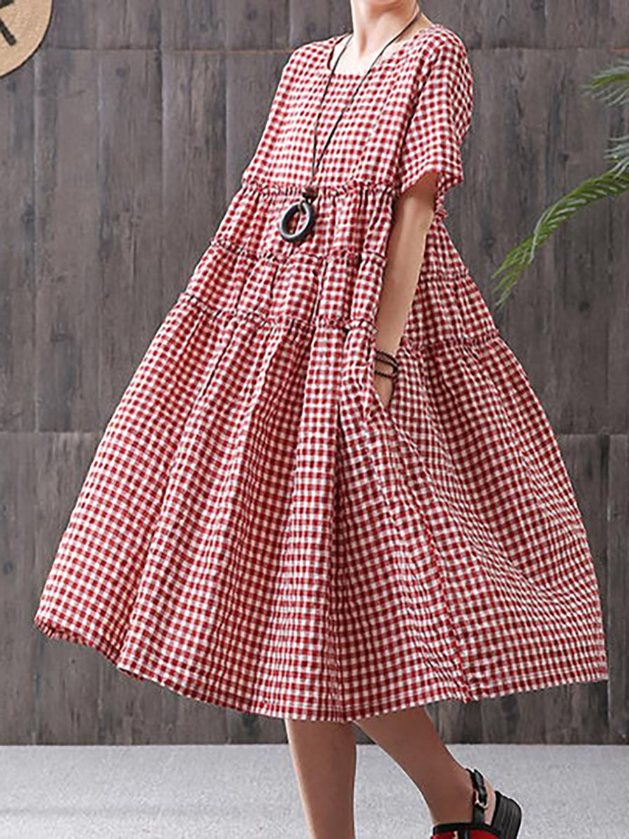 Übergröße, 100 % Baumwolle, kurzärmliges kariertes Kleid