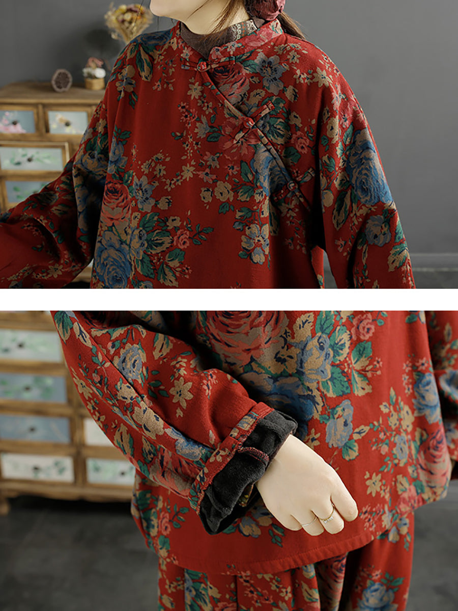 Übergröße Damen Ethno Blumen Lose Schräge Bluse
