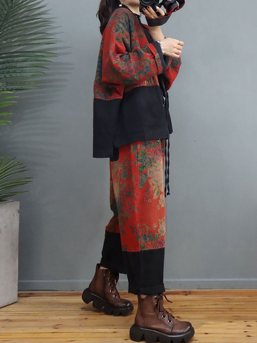 Übergröße Damen Ethnischer Blumen Spliced ​​Stitching Anzug