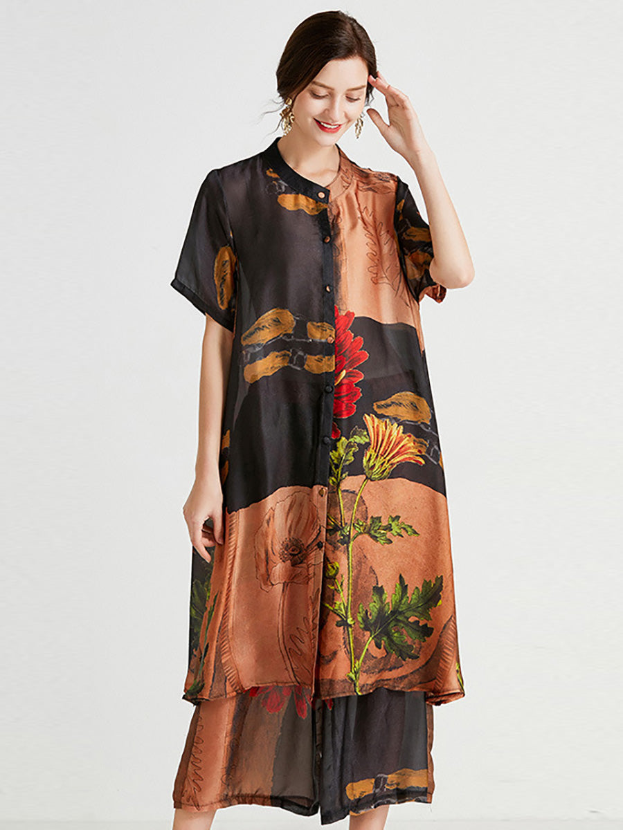 Übergröße Damen Artsy Flower Spliced ​​Langes Hemd + Hose