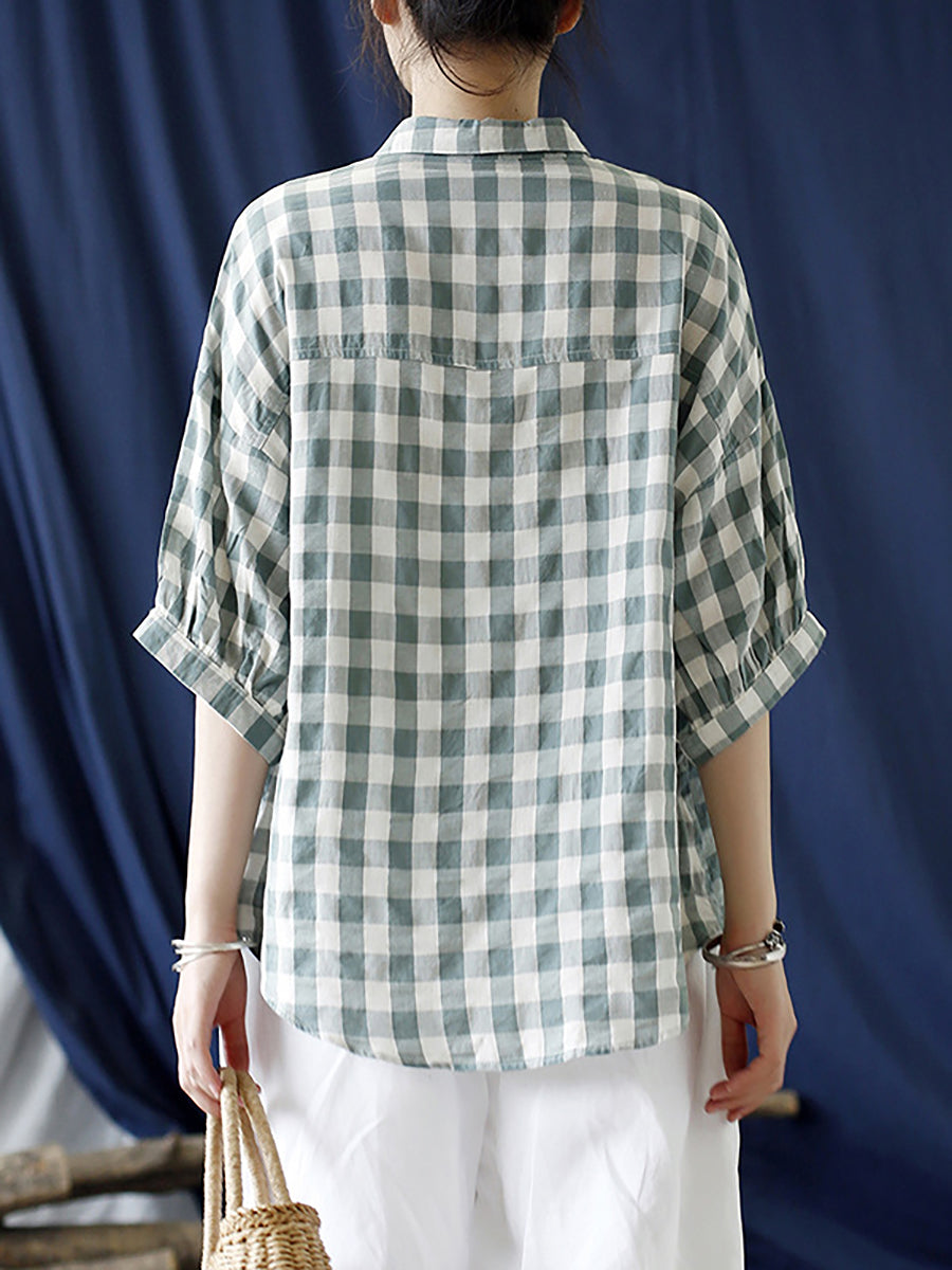Plus Size Leinen Sommer Plaid Vintage Damen Lose Hemd