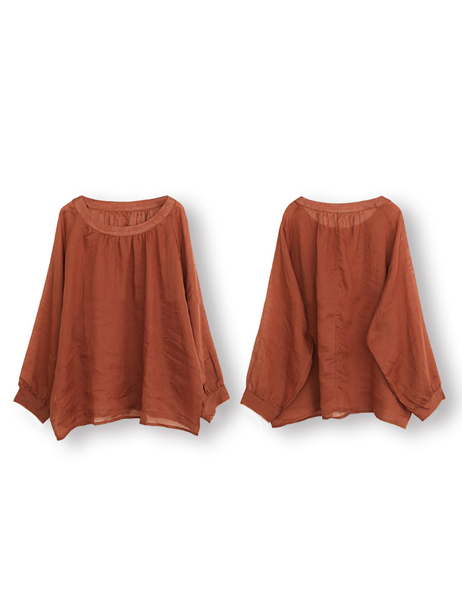 Übergröße Damen Sommer Solide Vintage Langarm Ramie Hemd