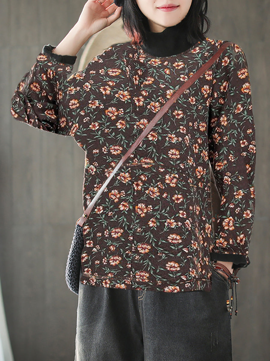 Plus Size Vintage Blumen Halbhoher Kragen Gespleißtes Baumwollhemd