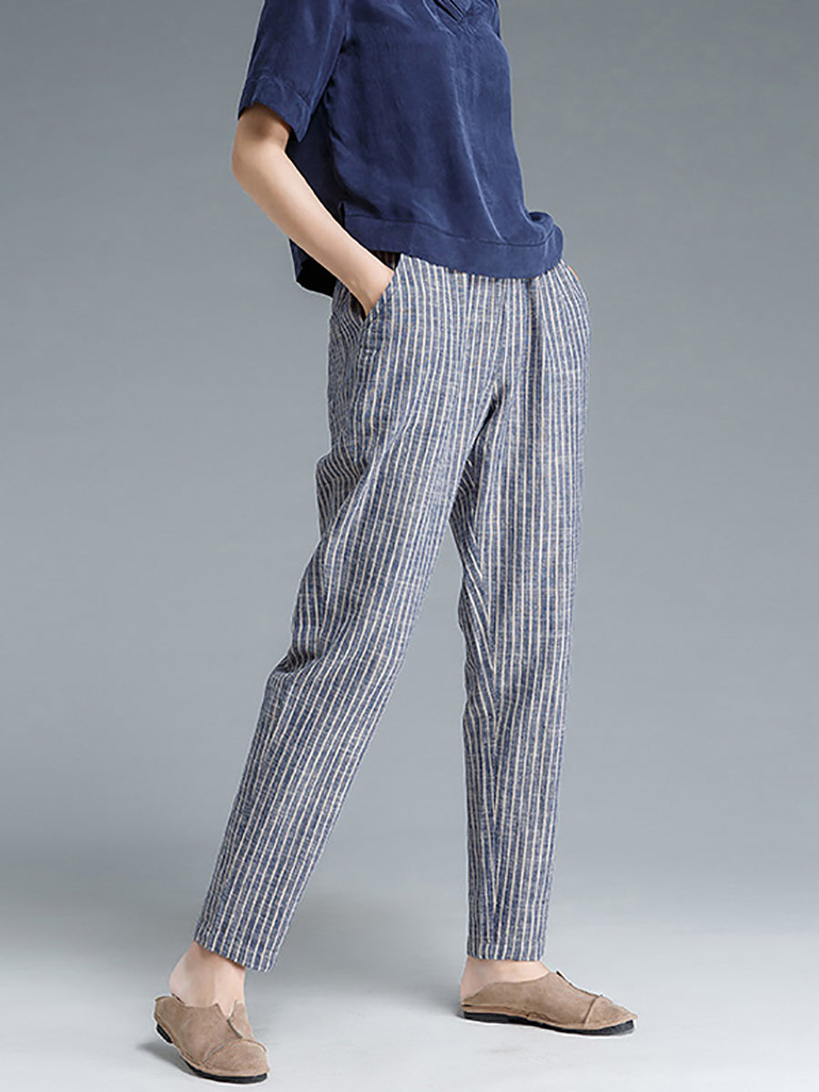 Pantalon en coton et lin à rayures grande taille pour femme Buykud