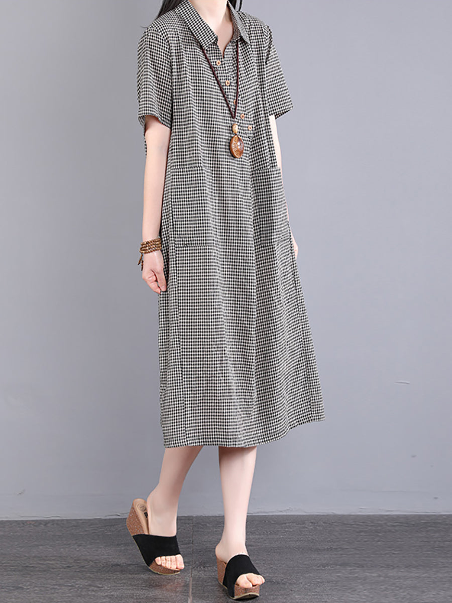 Übergröße Damen Casual Plaid Schrägverschluss Knopf Lockeres Kleid