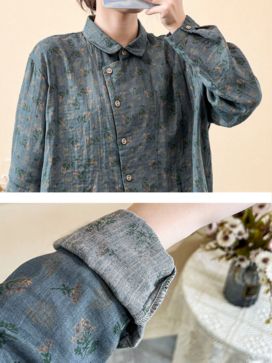 Plus Size Damen Frühling Vintage Blumenhemd mit Schrägverschluss