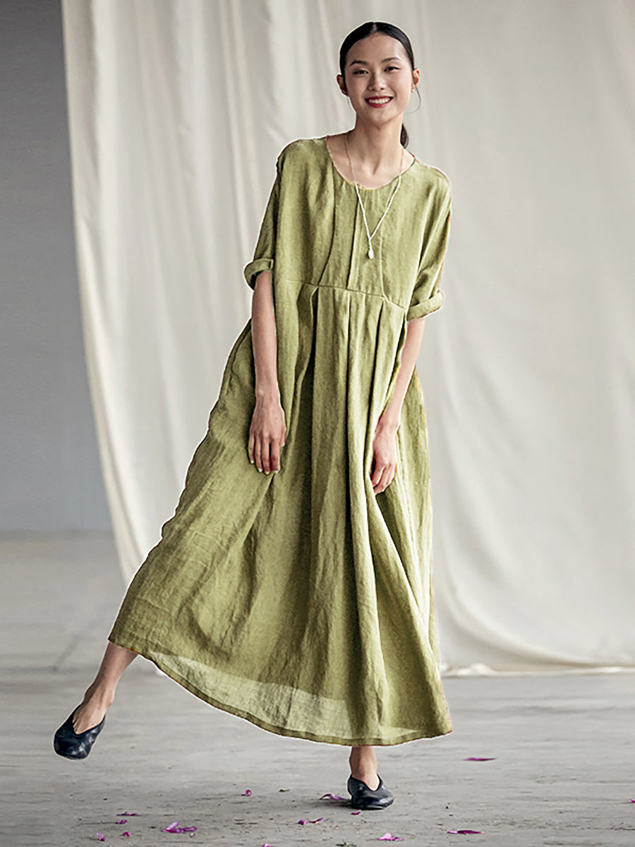 Elegantes, plissiertes, lockeres Leinenkleid im chinesischen Stil in Übergröße