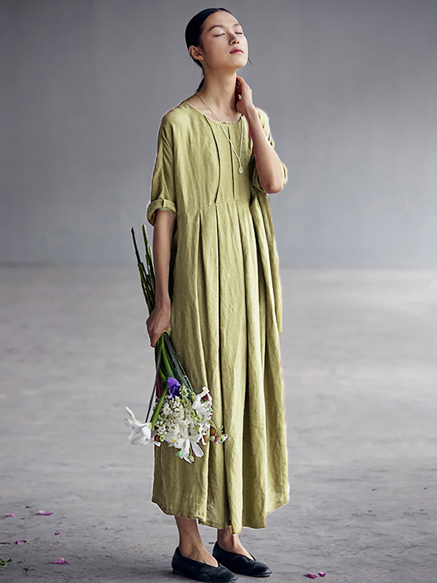 Elegantes, plissiertes, lockeres Leinenkleid im chinesischen Stil in Übergröße