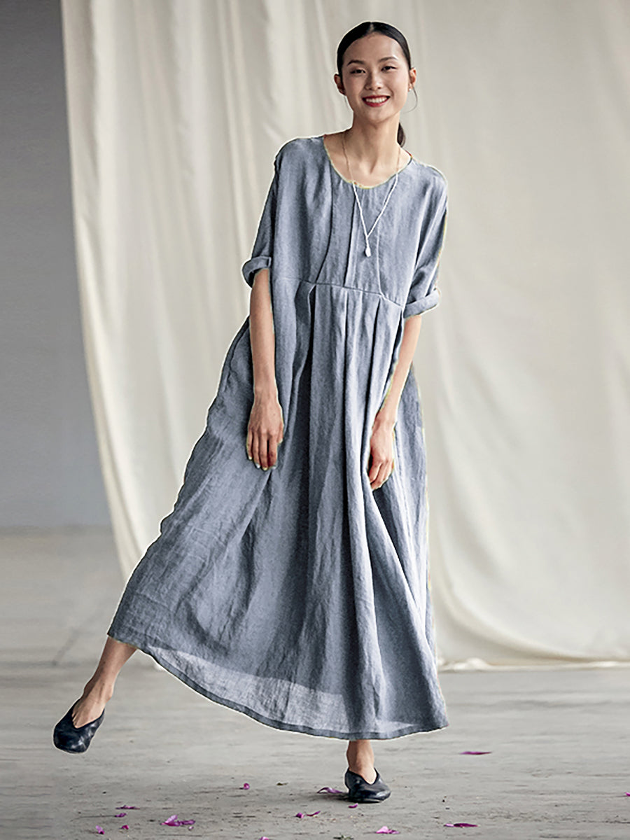 Elegantes, plissiertes, lockeres Leinenkleid im chinesischen Stil in Übergröße