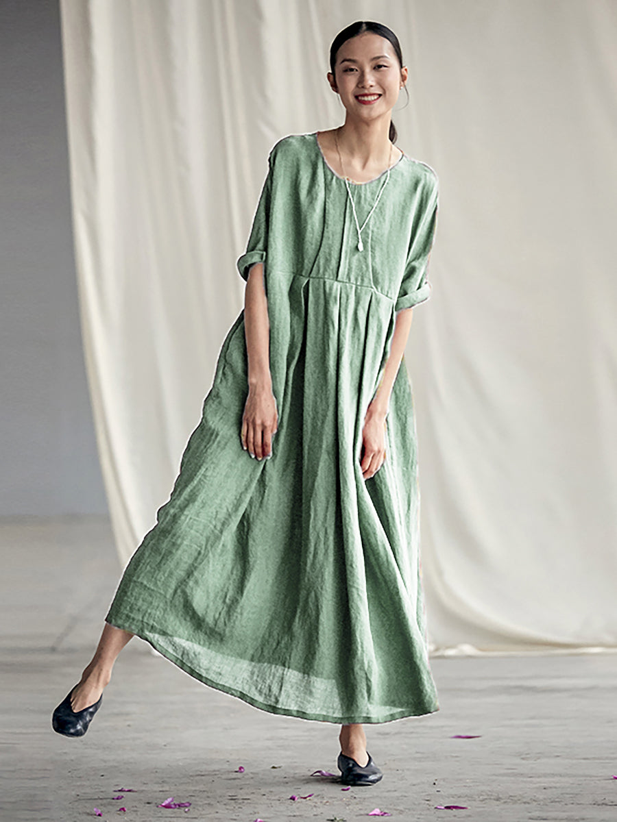 Elegantes, plissiertes, lockeres Leinenkleid im chinesischen Stil in Übergröße