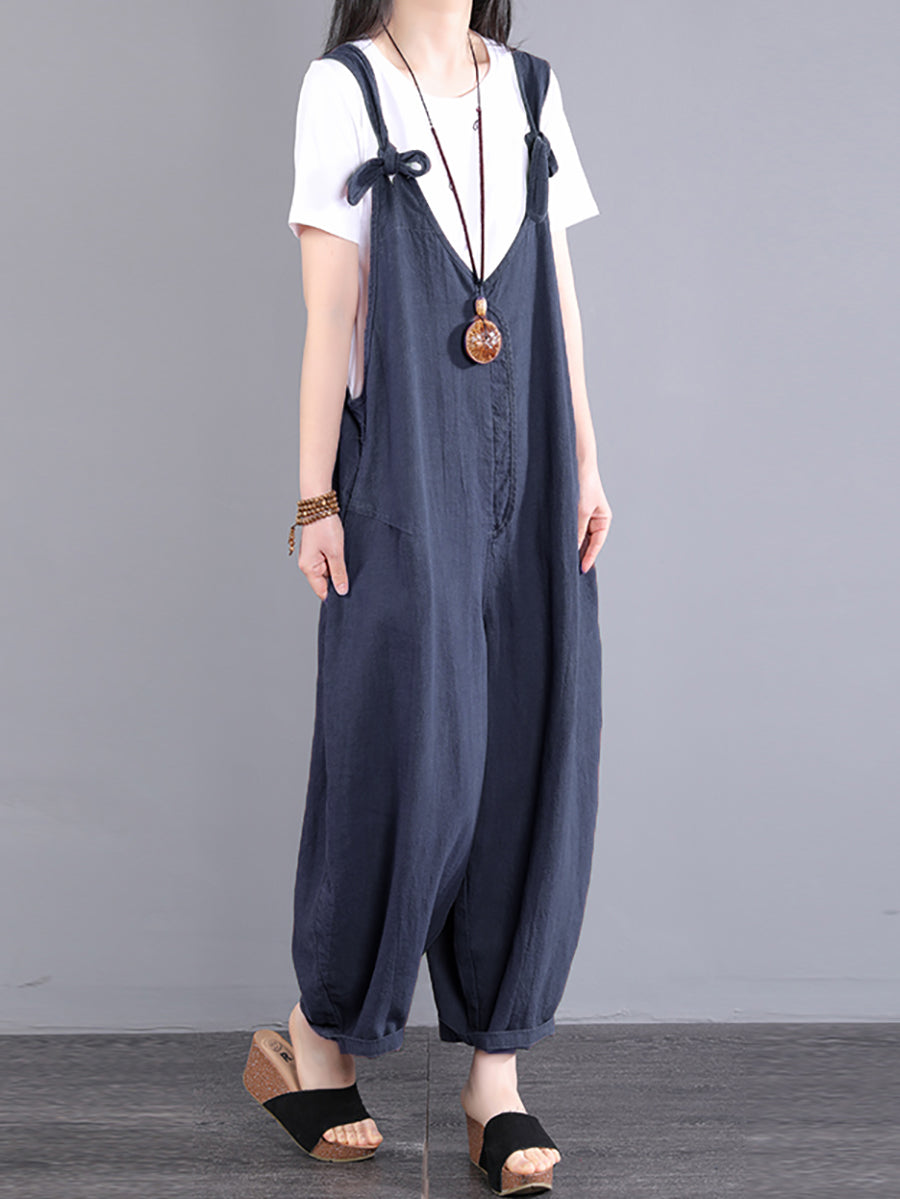 Übergröße Damen Vintage Knoten V-Ausschnitt Ramie Loose Jumpsuits