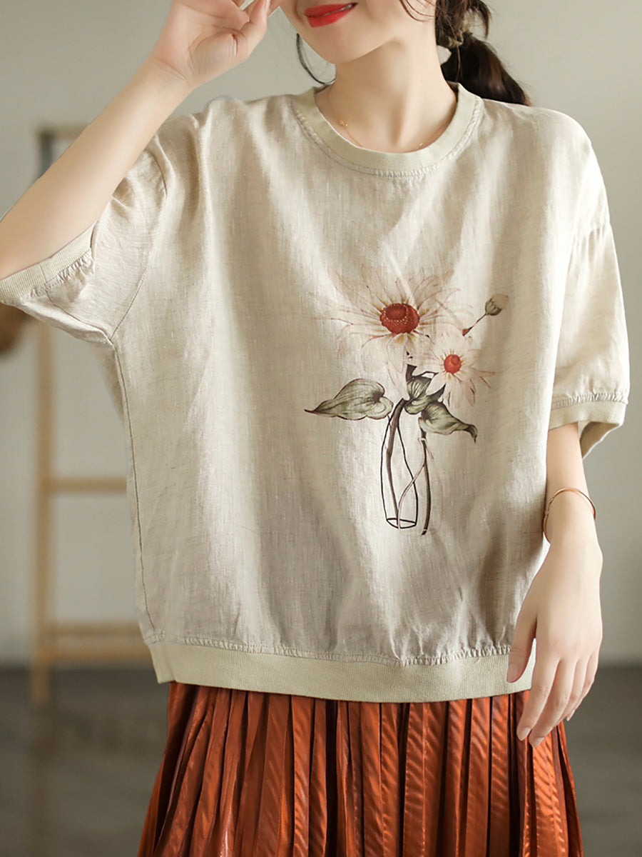 Übergröße Damen Leinen Lässiges Sommerblumen Kurzarm T-Shirt