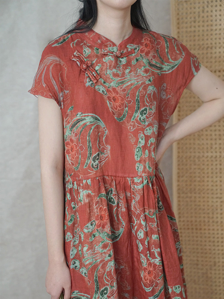 Plus Size Damen Sommerkleid aus Ramie mit ethnischen Blumen