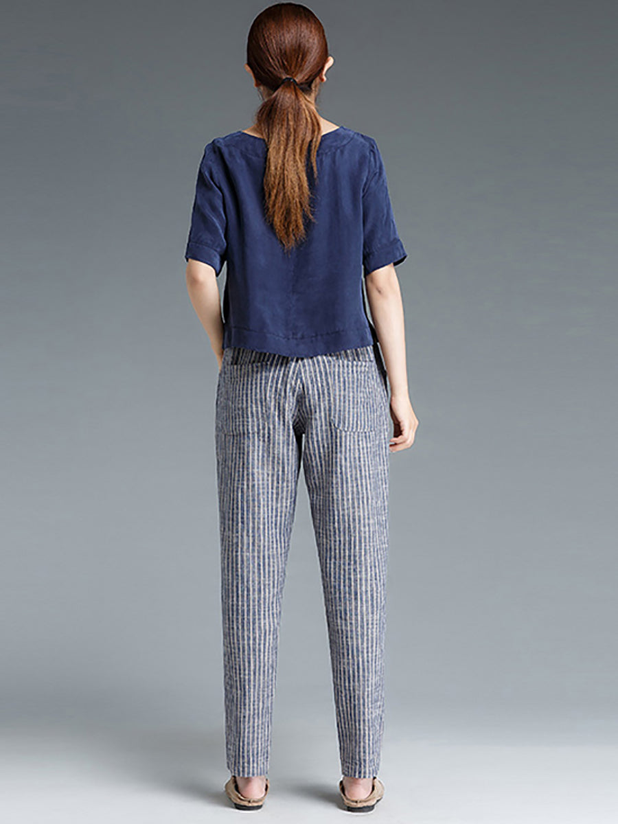 Pantalon en coton et lin à rayures grande taille pour femme Buykud
