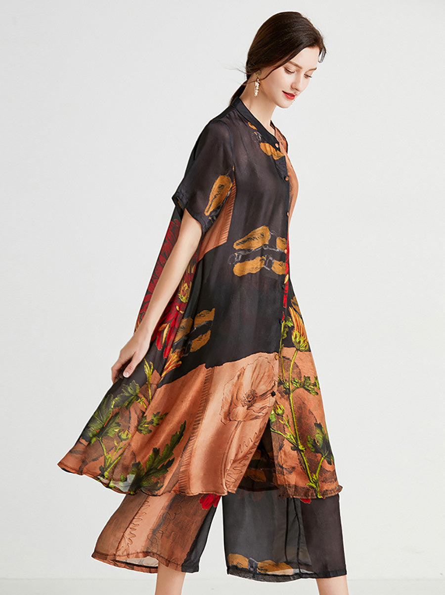 Übergröße Damen Artsy Flower Spliced ​​Langes Hemd + Hose