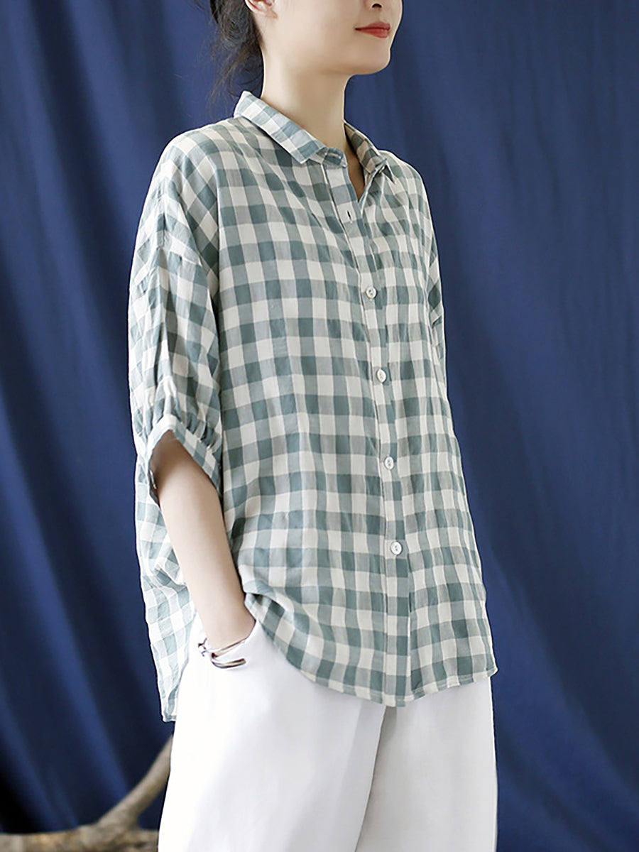 Plus Size Leinen Sommer Plaid Vintage Damen Lose Hemd