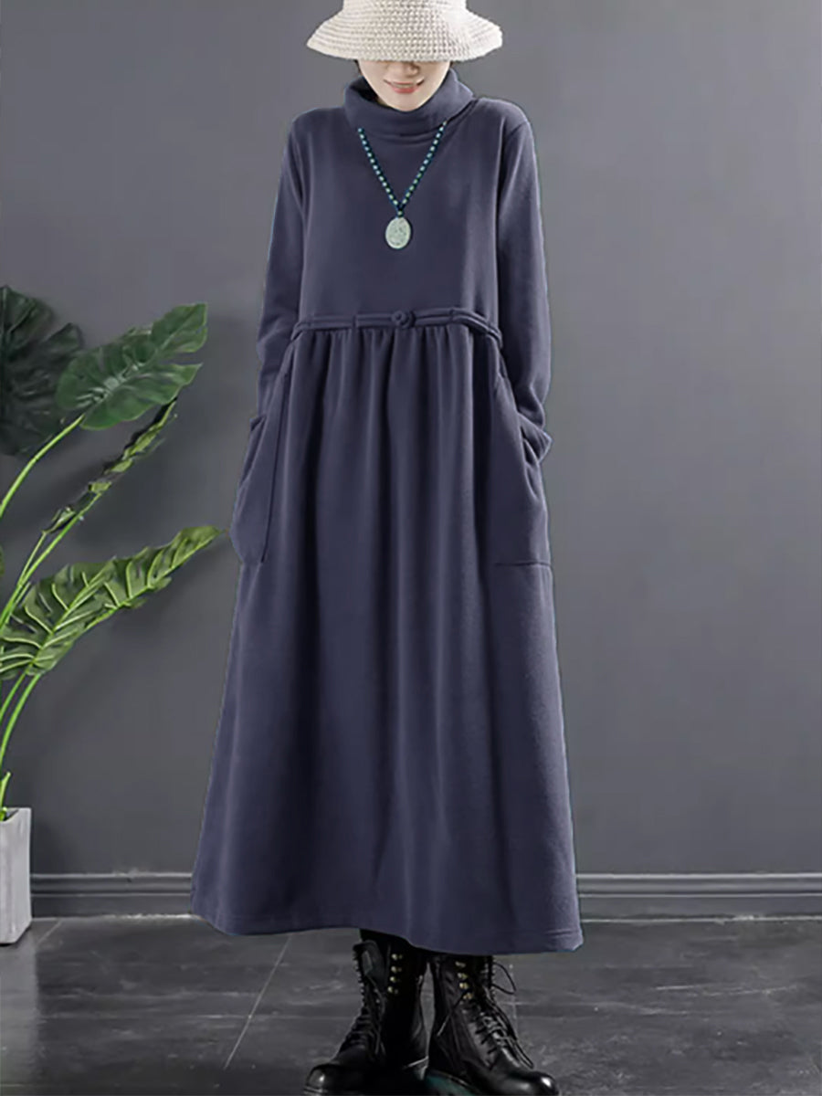 Übergröße Damen Reine Farbe Rollkragen Drapiertes langes Kleid