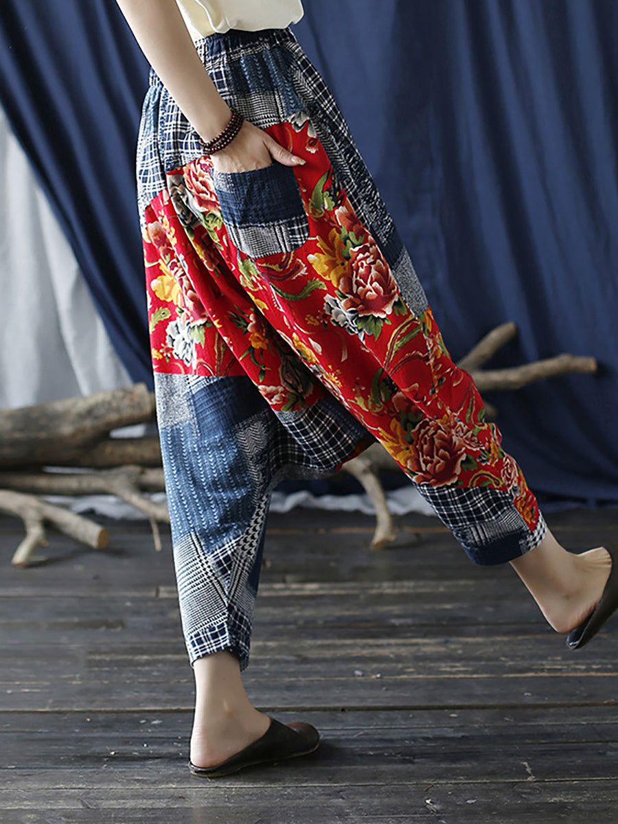 Übergröße Patchwork Plaid Damen Lässige Hose mit elastischer Taille