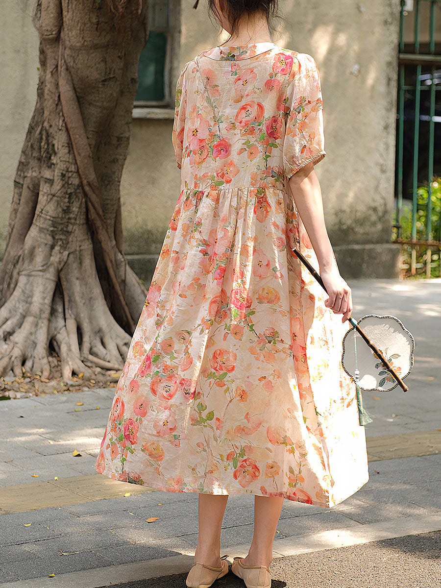 Übergröße Damen Vintage Sommer Blumen Knopf Lockeres Ramie Kleid