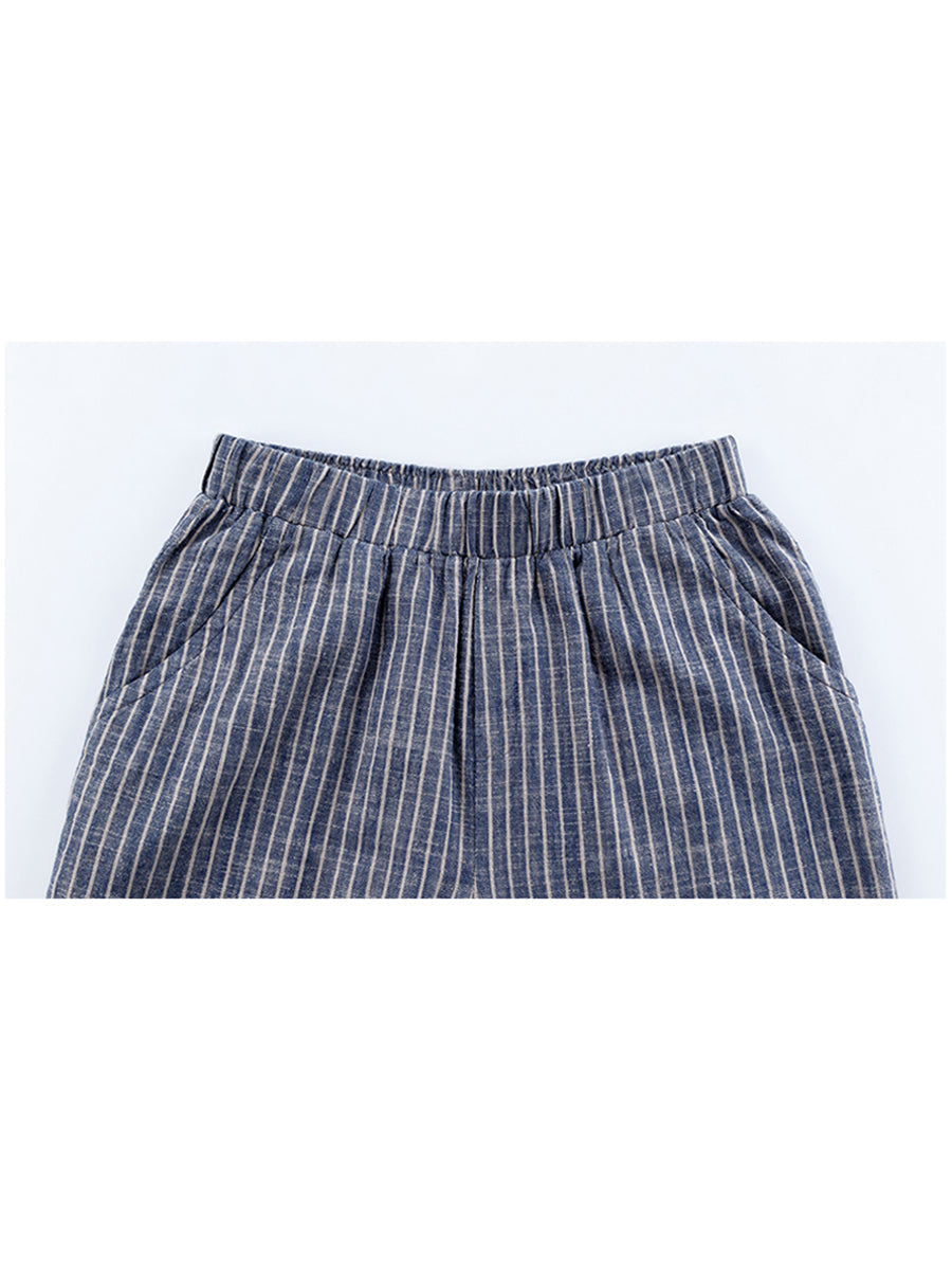 Pantalon en coton et lin à rayures grande taille pour femme Buykud