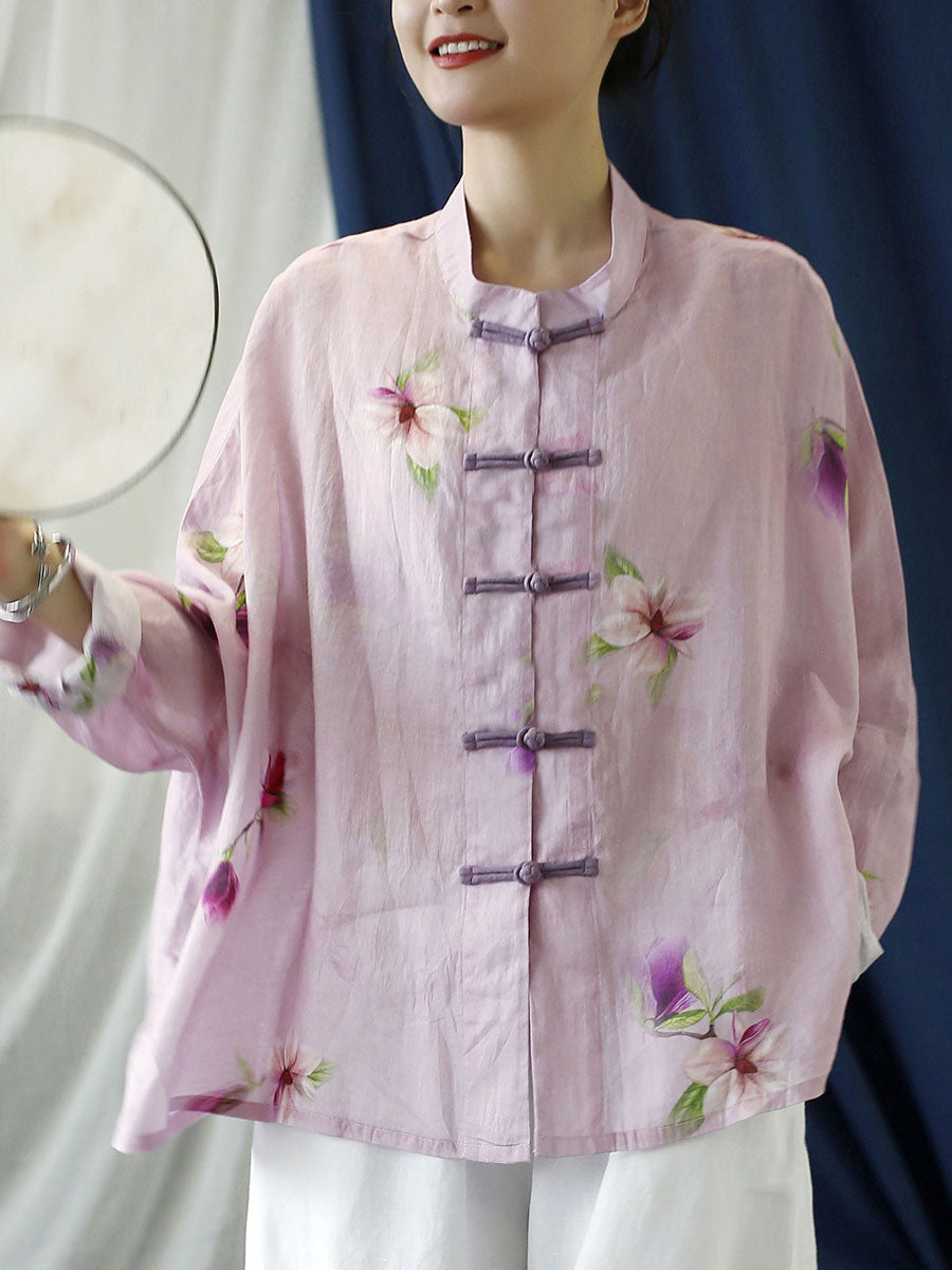 Manteau chemise en ramie rose vintage à fleurs pour femmes de grande taille