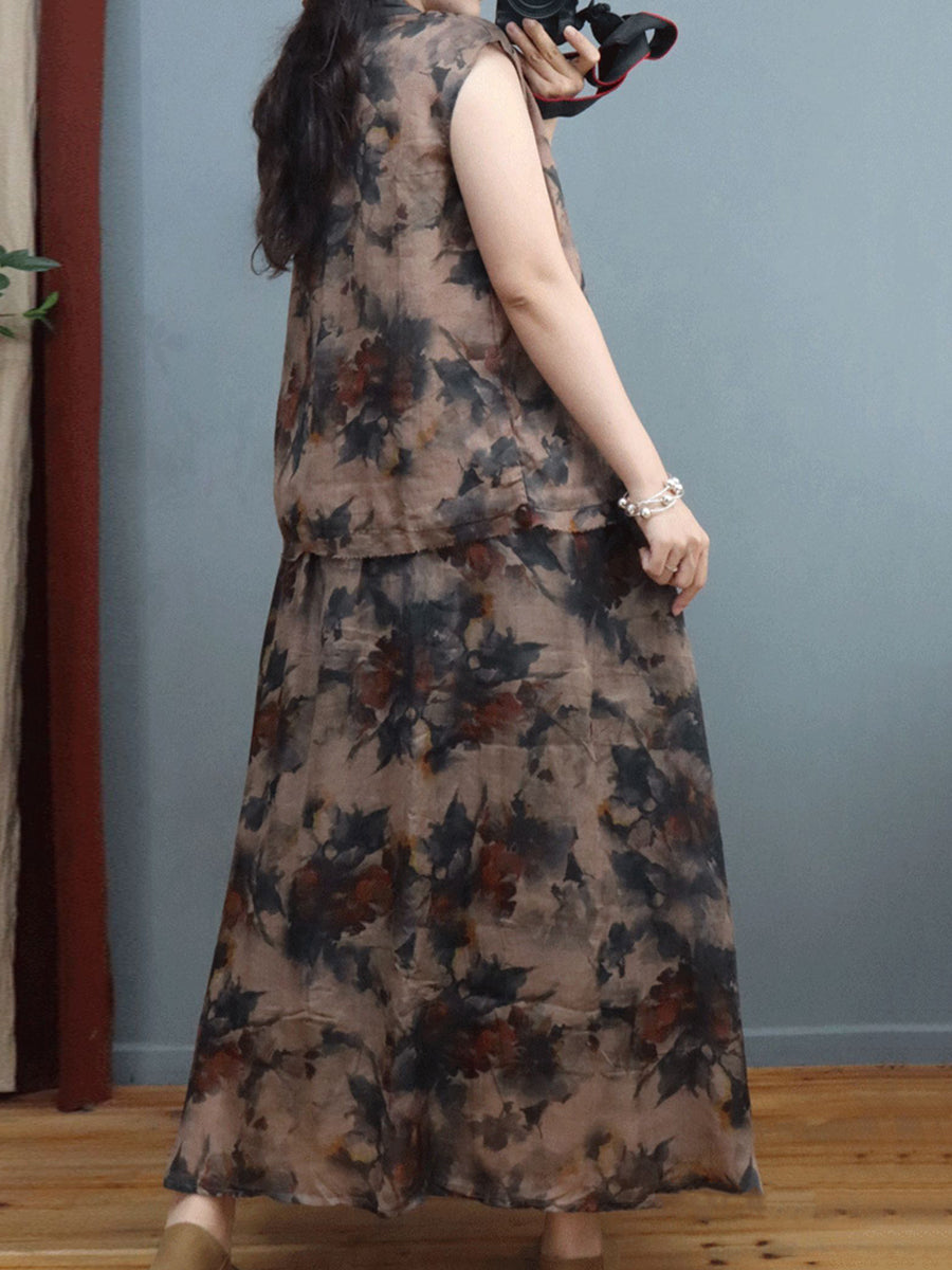 Plus Size Damen Sommer Leinenhemd/-rock im chinesischen Stil mit Tintenblumen-Froschmotiv