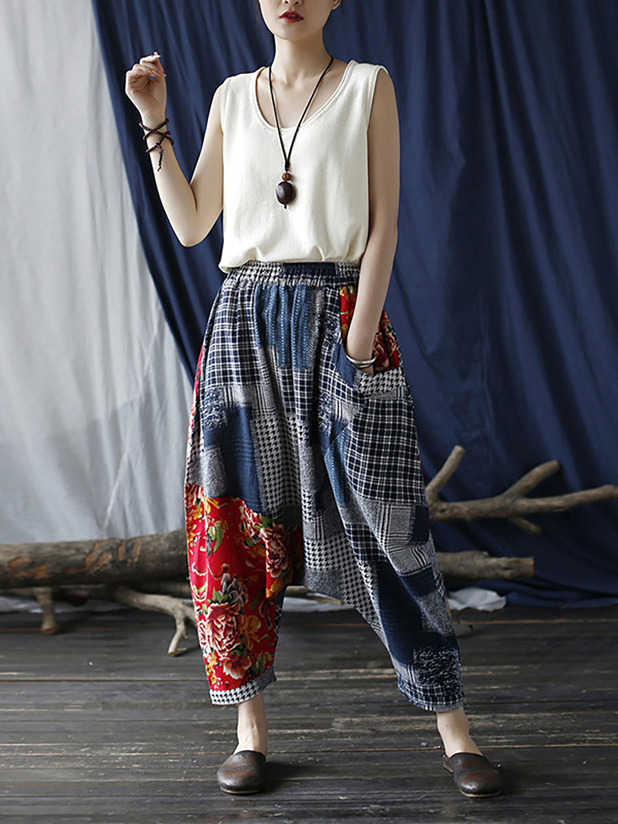 Übergröße Patchwork Plaid Damen Lässige Hose mit elastischer Taille