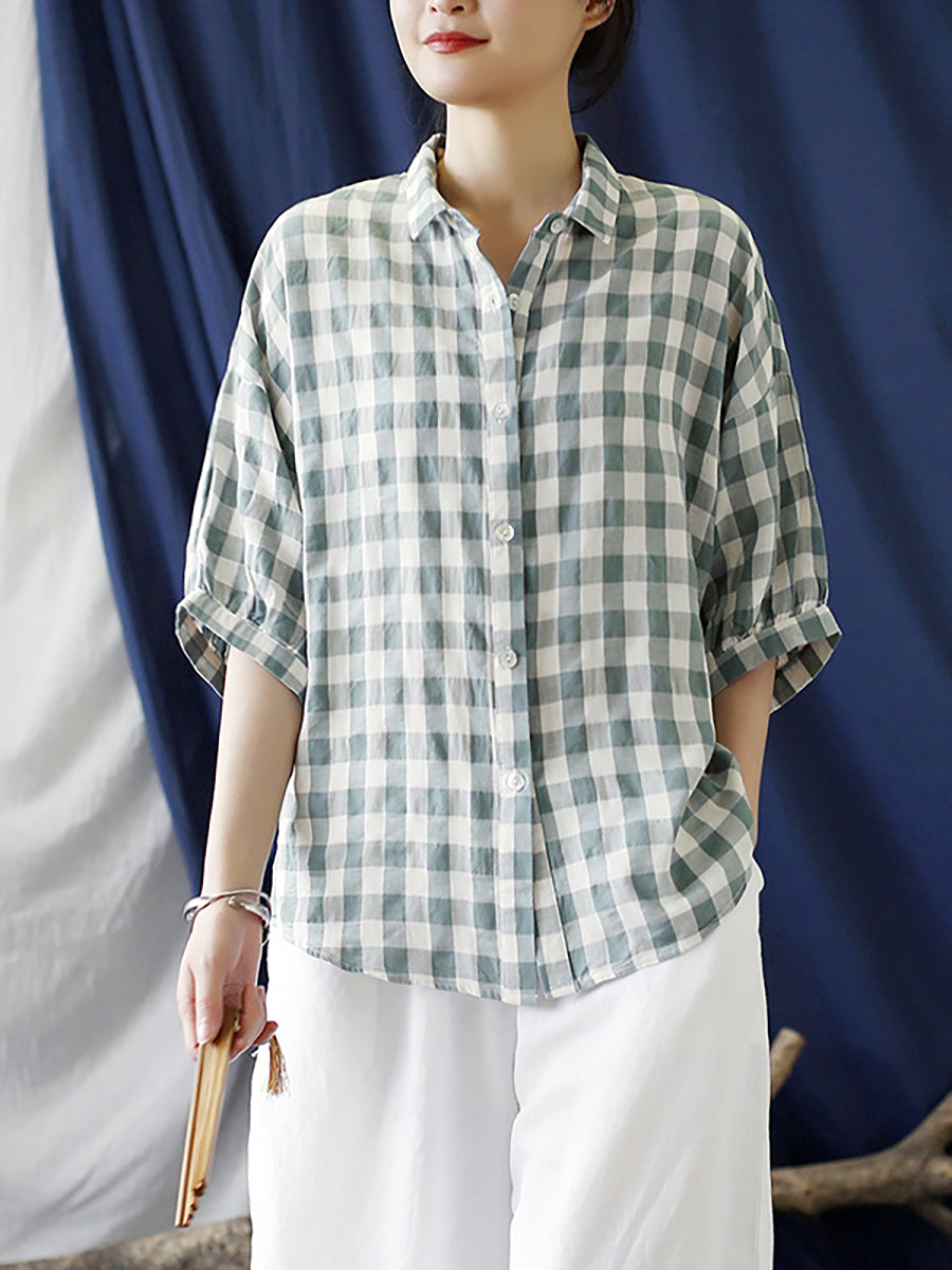 Plus Size Leinen Sommer Plaid Vintage Damen Lose Hemd