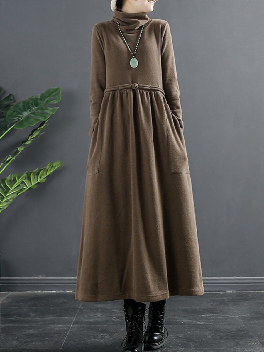 Übergröße Damen Reine Farbe Rollkragen Drapiertes langes Kleid