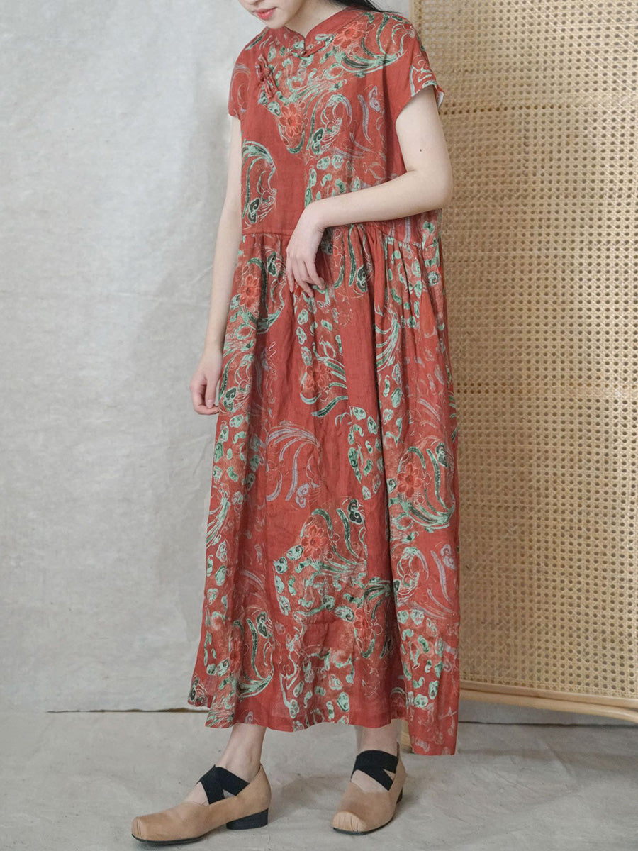 Plus Size Damen Sommerkleid aus Ramie mit ethnischen Blumen