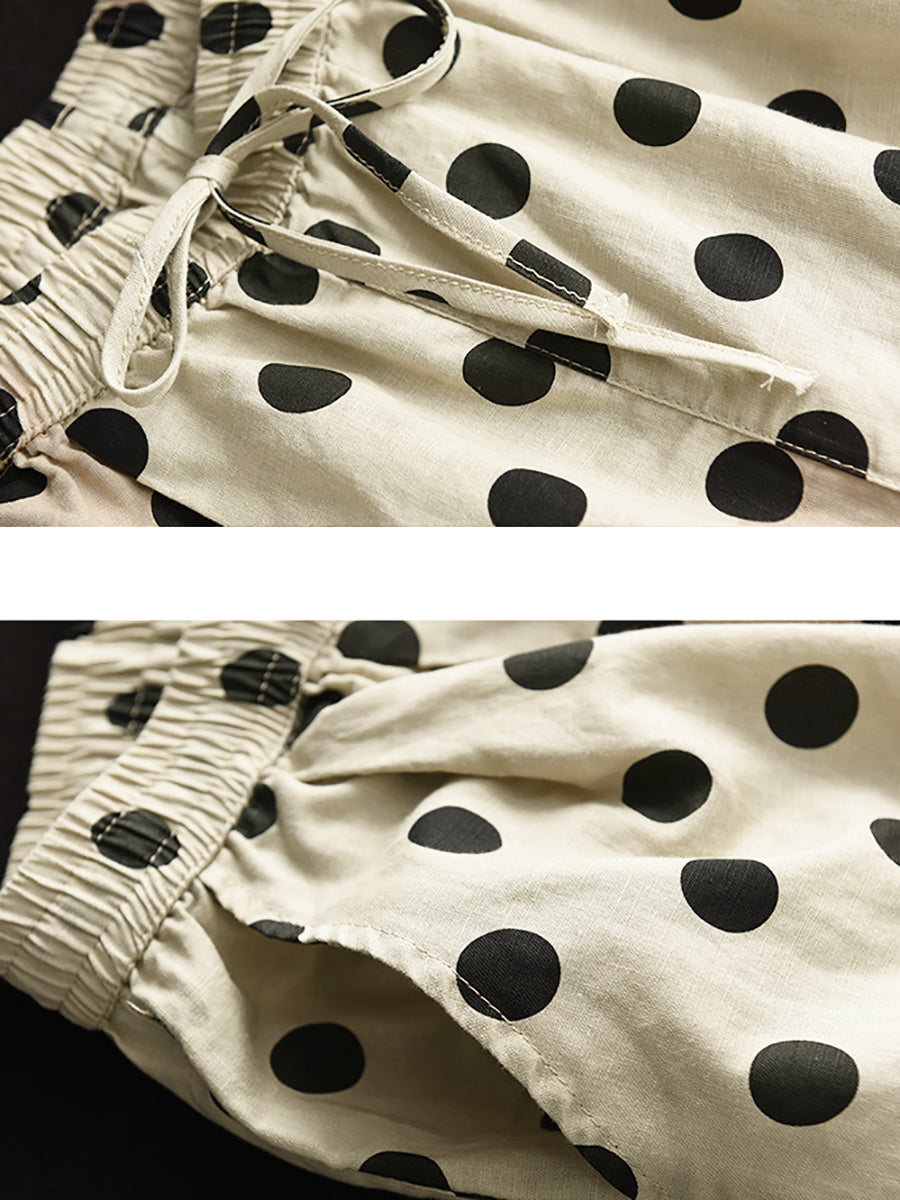 Übergröße Damen Vintage Dot geraffte Hose aus Leinen mit weitem Bein und Kordelzug