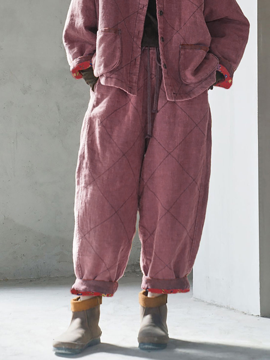 Gepolsterte Winterhose aus Leinen im Vintage-Stil für Damen in Übergröße