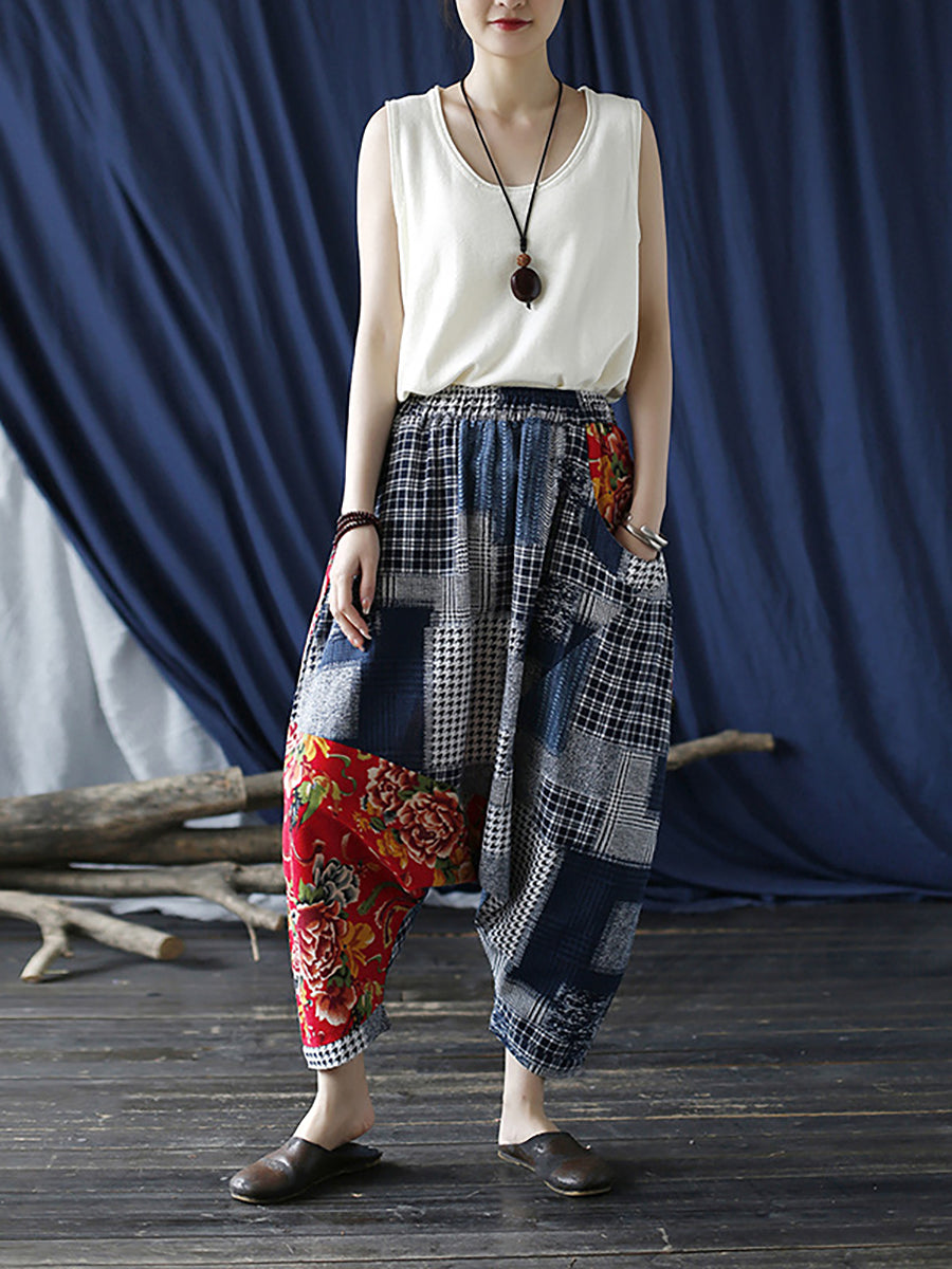 Übergröße Patchwork Plaid Damen Lässige Hose mit elastischer Taille