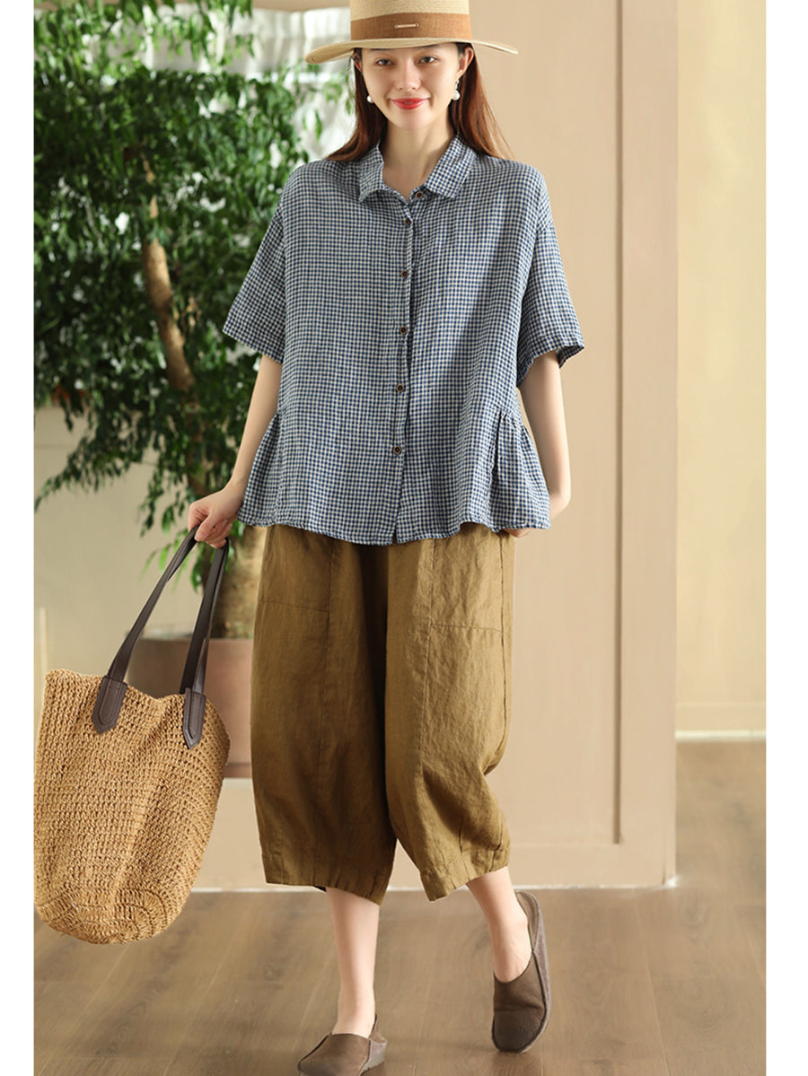 Plus Size Damen Sommer Casual Plaid Button Cardigan Leinenhemd