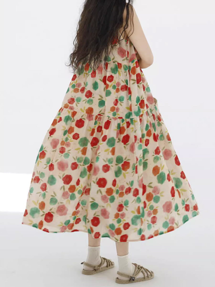 Plus Size Damen Sommer süßes Blumenmuster gespleißtes Falten-Westenkleid mit O-Ausschnitt