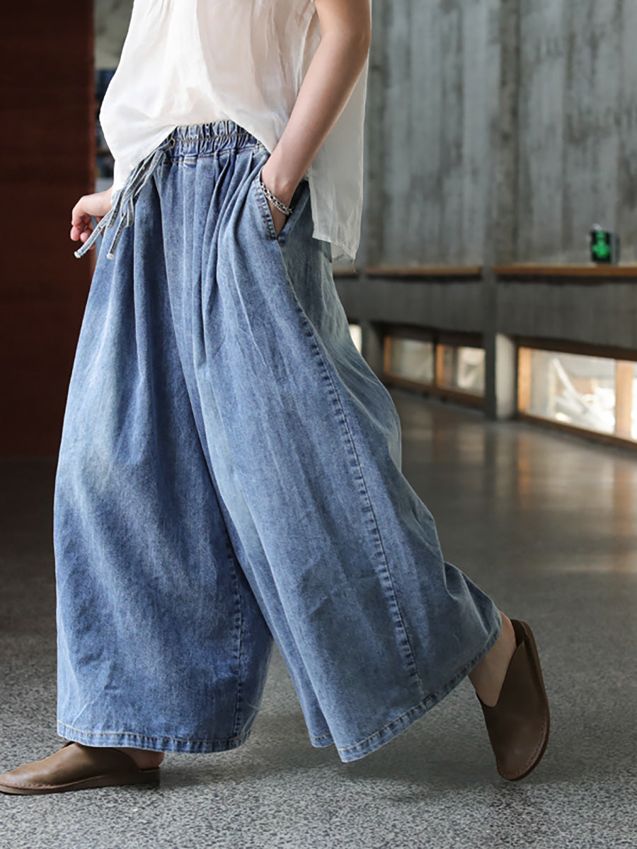 Lässige Jeanshose mit weitem Bein und Kordelzug in Übergröße in Blau