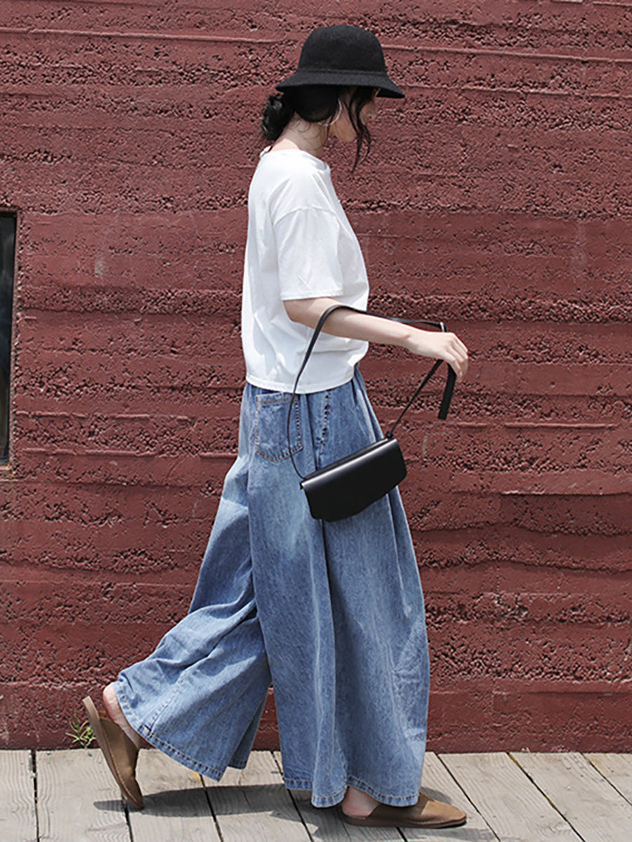 Lässige Jeanshose mit weitem Bein und Kordelzug in Übergröße in Blau