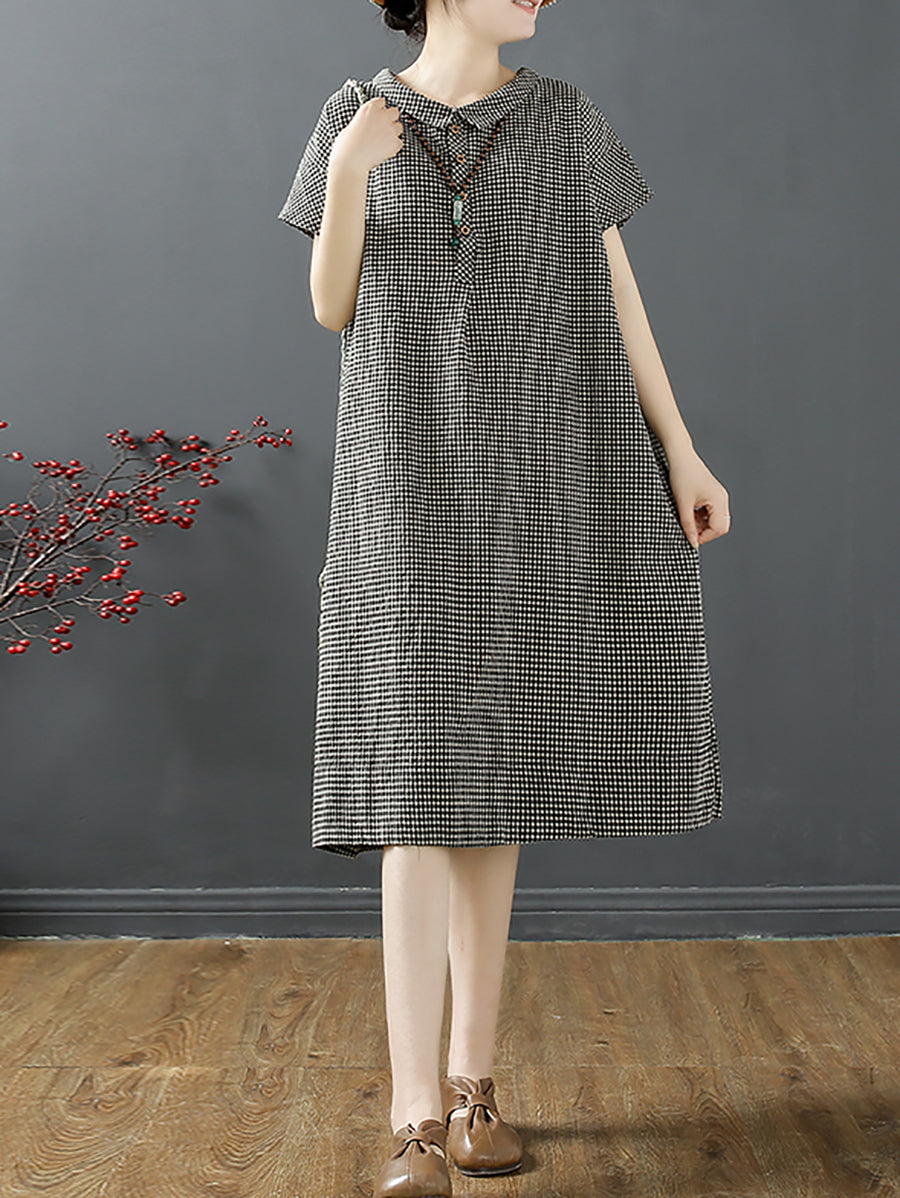 Plus Size Damen Sommer Retro Gitterknopf Polokragen Lockeres Kleid