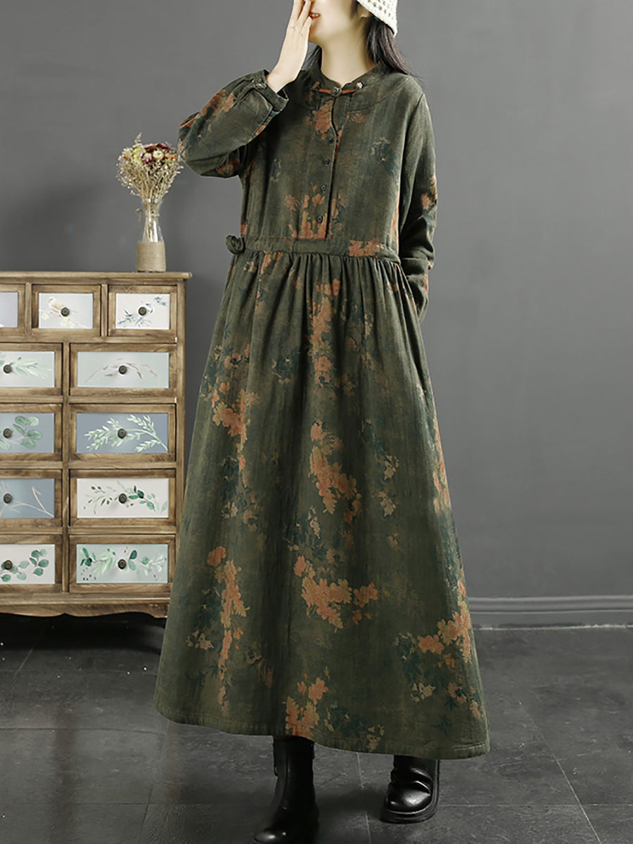 Übergröße Damen Herbst Vintage Blatt Druck Baumwollkleid