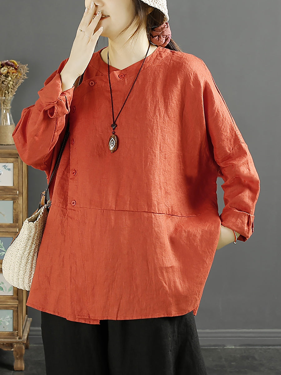 Große Größen Damen Solide Vintage Slant-Closed Leinen Hemd