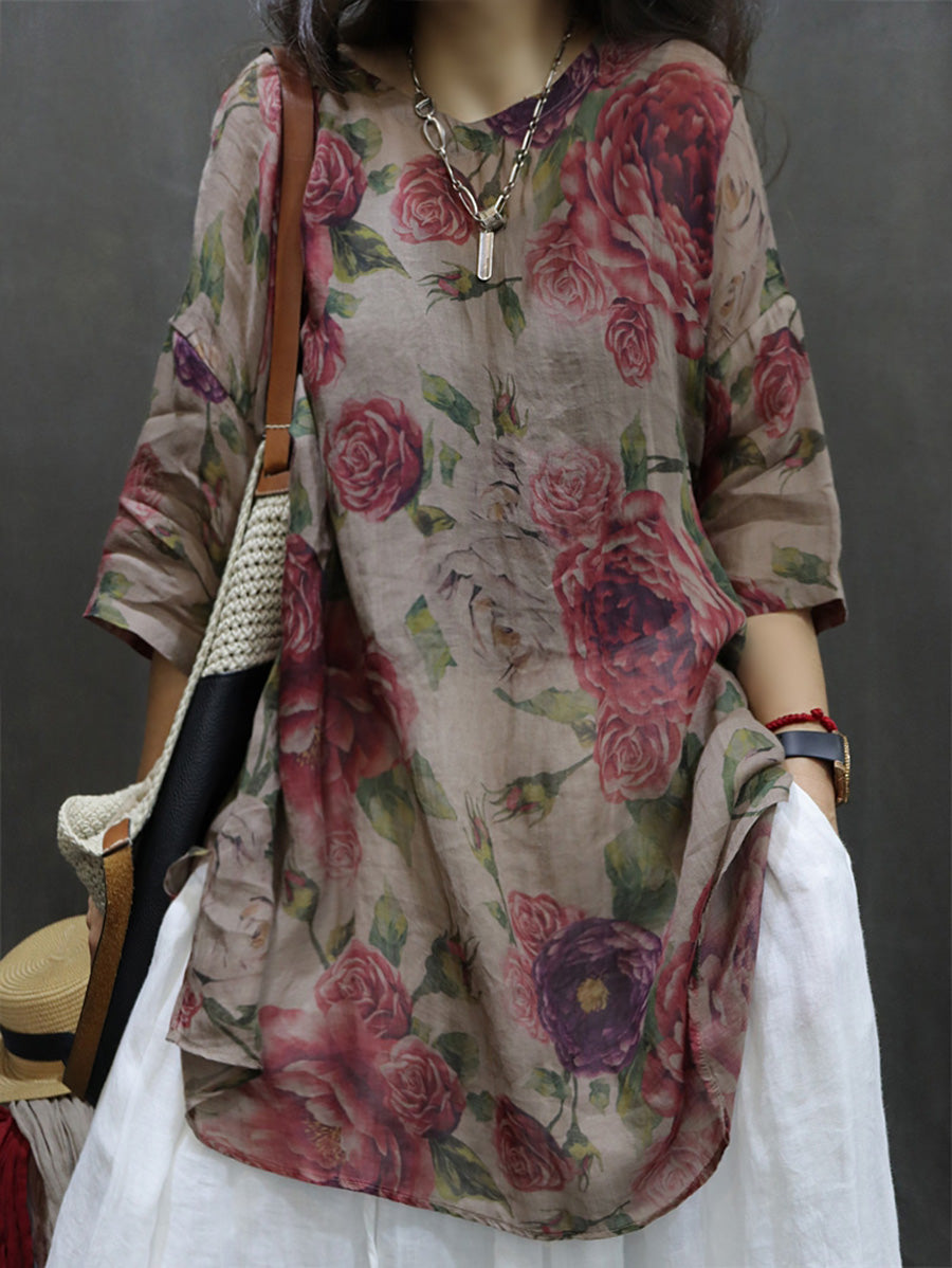 Übergröße Damen Sommer Vintage Blumen Ramie Bluse M-3XL