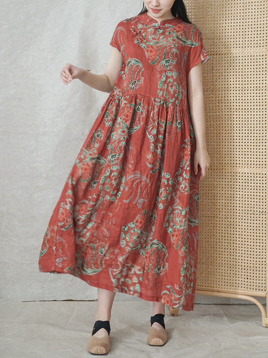 Plus Size Damen Sommerkleid aus Ramie mit ethnischen Blumen