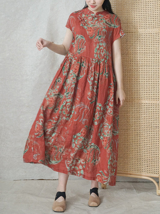 Plus Size Damen Sommerkleid aus Ramie mit ethnischen Blumen