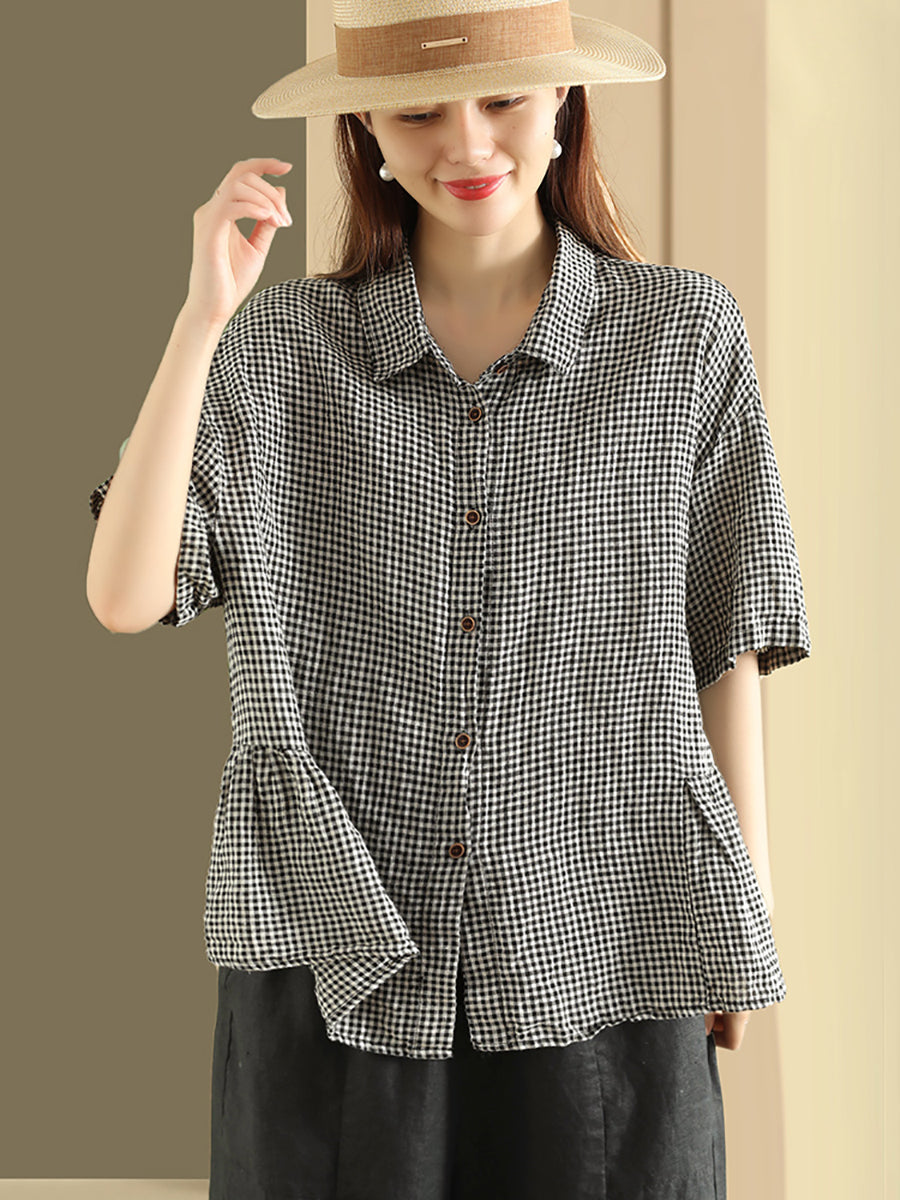 Plus Size Damen Sommer Casual Plaid Button Cardigan Leinenhemd