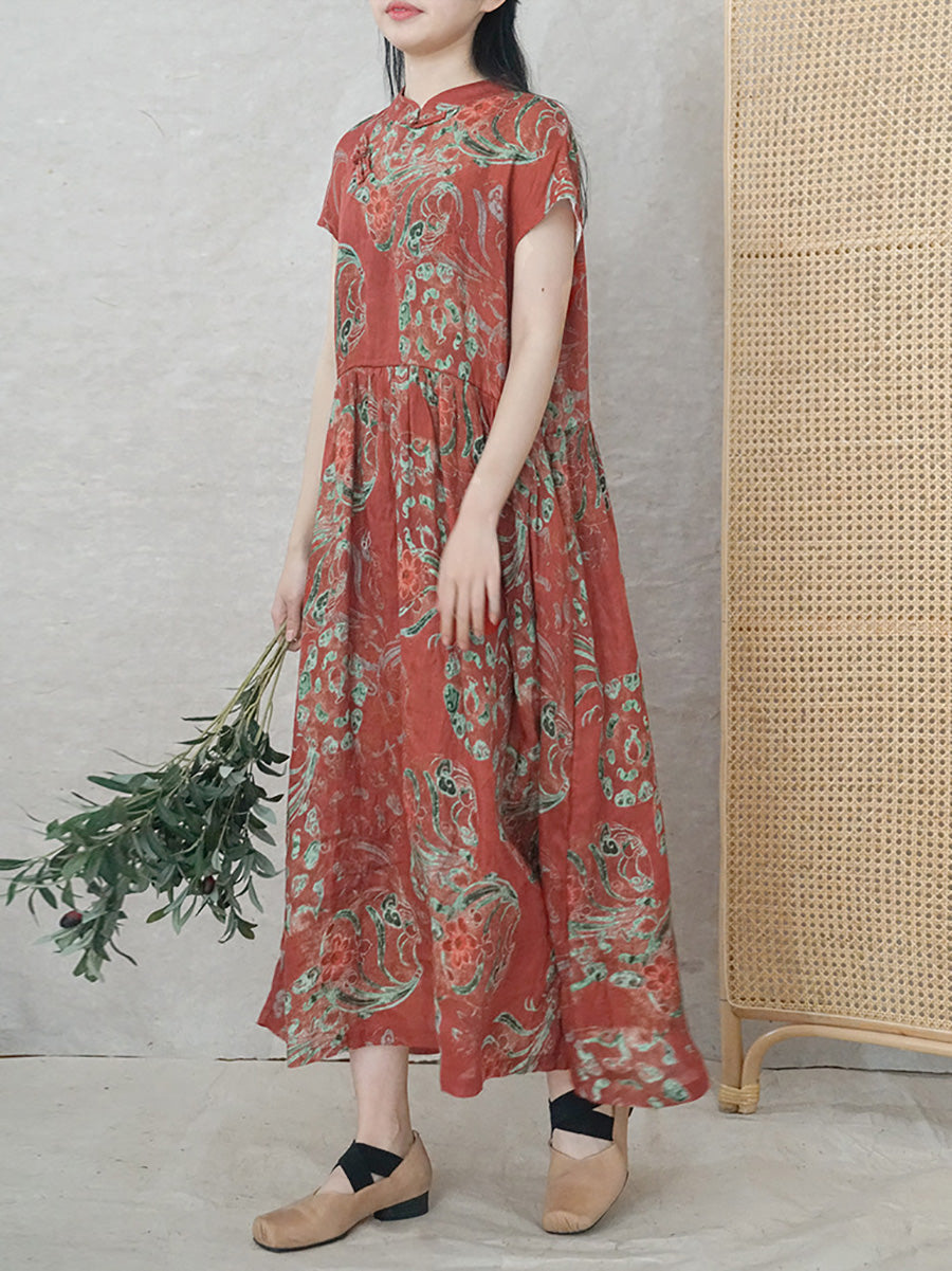 Plus Size Damen Sommerkleid aus Ramie mit ethnischen Blumen