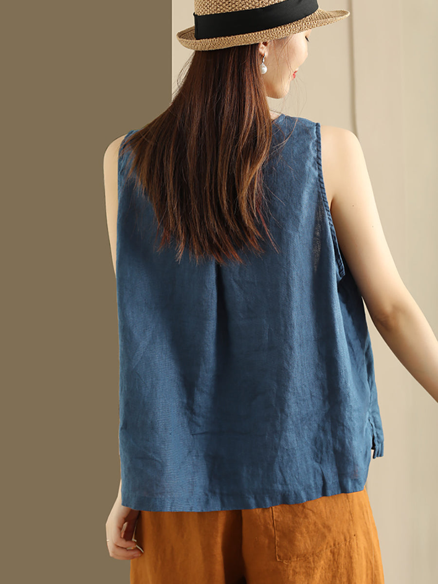 Plus Size Damen Sommer Weste mit loser Knopfleiste und Tasche aus 100% Leinen