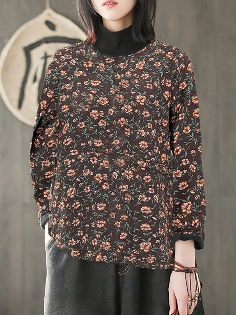 Plus Size Vintage Blumen Halbhoher Kragen Gespleißtes Baumwollhemd