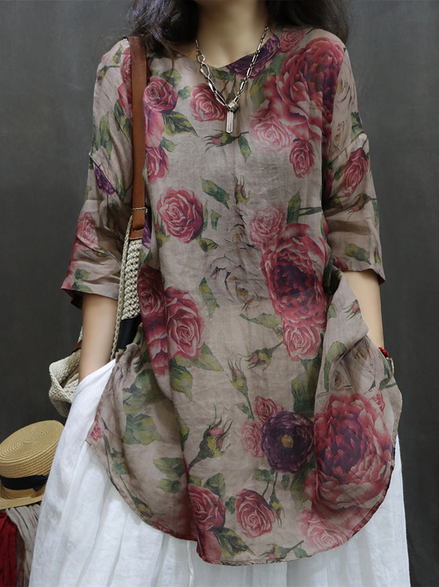 Übergröße Damen Sommer Vintage Blumen Ramie Bluse M-3XL