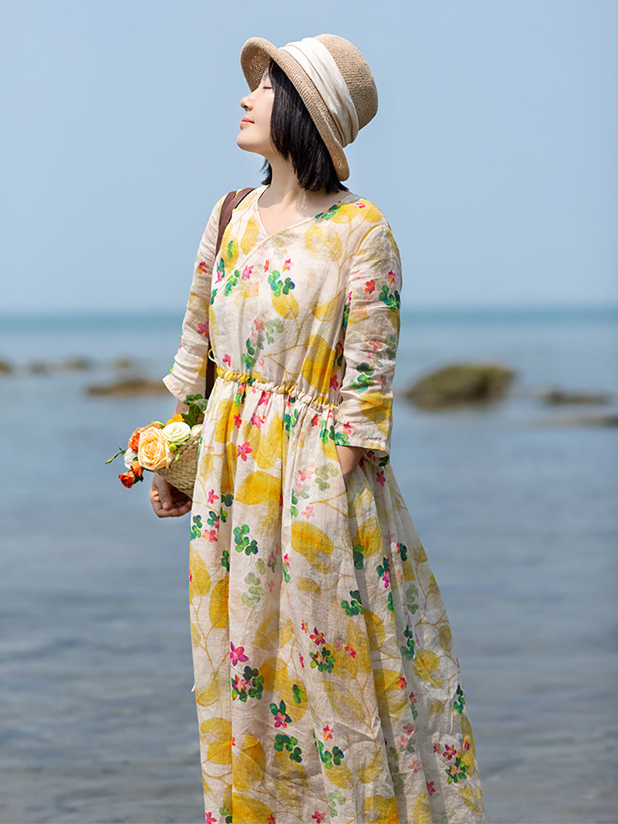 Übergröße Damen Sommer Prairie Chic Blumen V-Ausschnitt Ramie Kleid